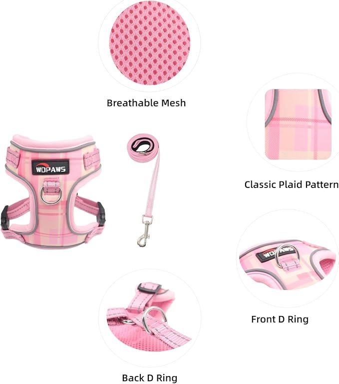 No Pull Dog Harness and Leash Set-Reflective Plaid Design, Adjustable & Comfortable with Front D Ring for Small Medium Dogs (XS, Pink Plaid)