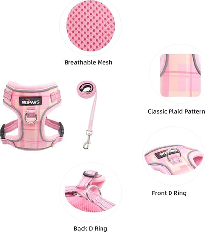 No Pull Dog Harness and Leash Set-Reflective Plaid Design, Adjustable & Comfortable with Front D Ring for Small Medium Dogs (XS, Pink Plaid)