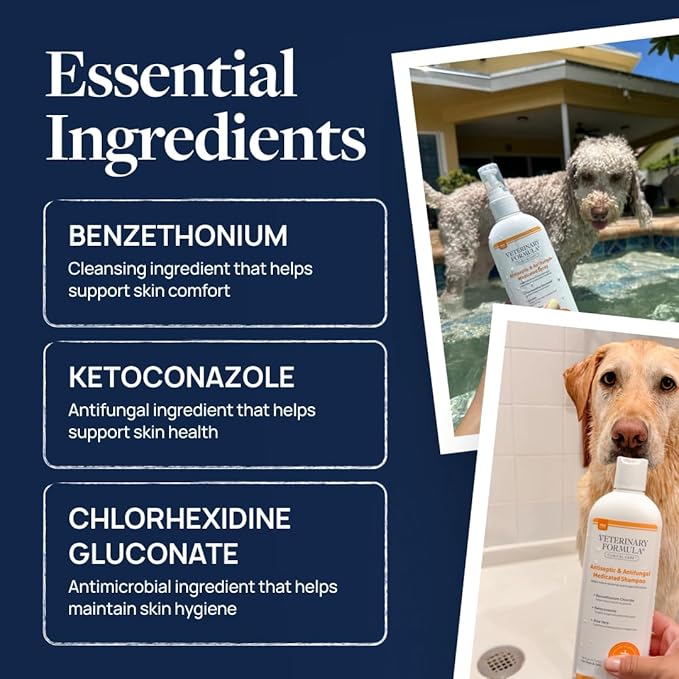 Veterinary Formula Clinical Care Antiseptic & Antifungal Medicated Shampoo and Spray for Dogs and Cats - Helps Alleviate Scaly, Greasy, or Red Skin - Paraben, Dye, and Soap Free, 2 Pack Bundle