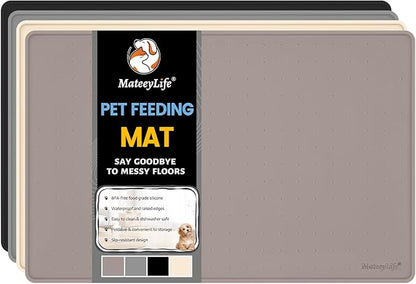 MateeyLife Dog & Cat Food Water Mat for Floors Waterproof, Nonslip Pets Bowl Feeding Mats with Raised Edges, Silicone Matt Tray for Messy Drinkers, 24"x16", Taupe