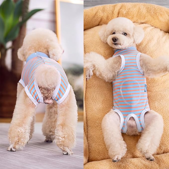 Dog Surgery Recovery Suit,Female Male Puppy Shirt,Dog Spay Neuter Onesie,E-Collar Cone Alternative,Abdominal Wound Protector,Prevent Licking Wound(Blue Orange Stripe-l)
