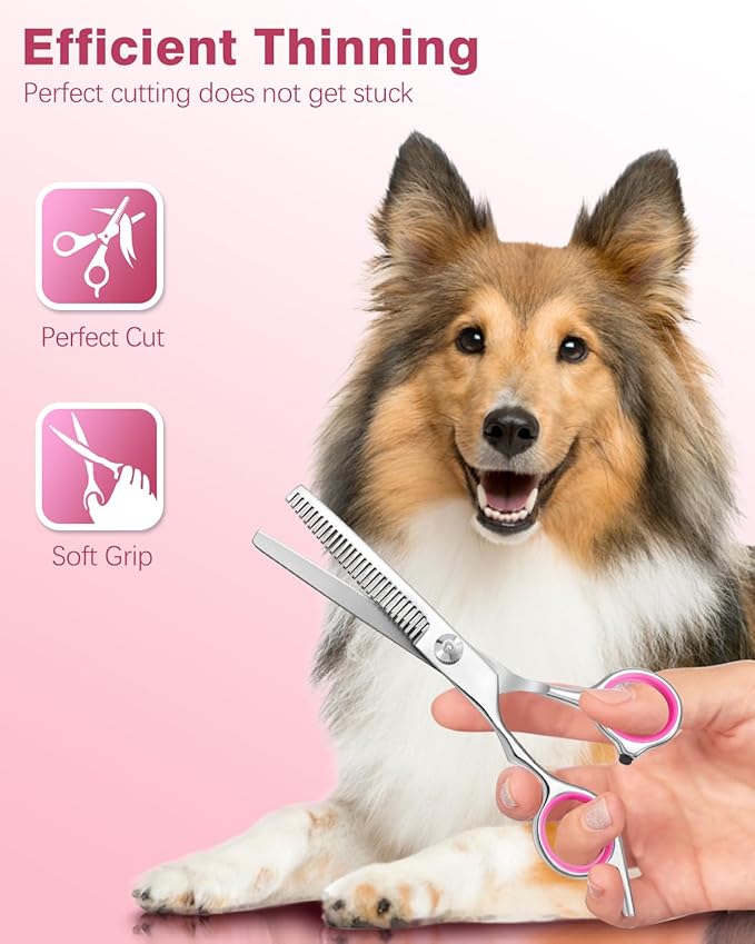 Furry Professional Pet Grooming Scissors with Safety Round Heads - 6 in 1 Curved Scissors for Dogs and Cats