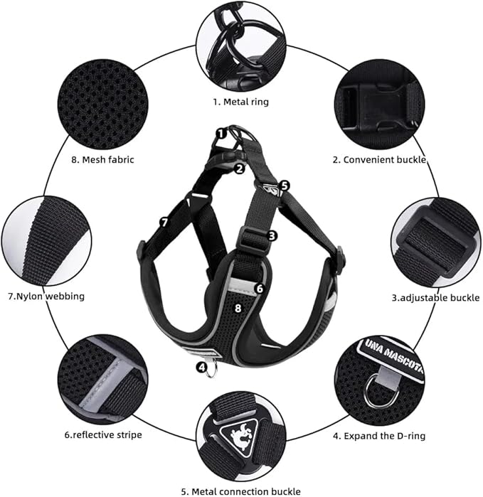 Dog Harness and Leash Set, Adjustable Triangle, Reflective Adjustable Puppy Vest, No Pull Soft Mesh Harness for Small, Medium Dogs, Cats (Black, XL)