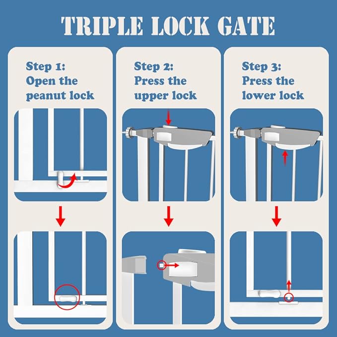 DEARBB Triple Lock Baby Gate for Stairs Doorways and House 31" to 86" Extra Wide Pressure Mounted Easy Walk Through Auto Close Safety Pet Gate White 31.1-35.03"