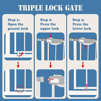 DEARBB Triple Lock Baby Gate for Stairs Doorways and House 31" to 86" Extra Wide Pressure Mounted Easy Walk Through Auto Close Safety Pet Gate White 31.1-35.03"