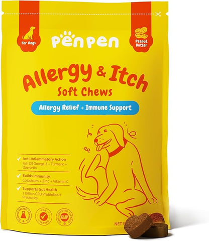 PENPEN Dog Allergy Relief Chews, Dog Itching Skin Relief, Omega 3 for Dogs Itch Supplement, Relieve Seasonal Allergy, Provide Immune Support (Peanut Butter Chews, 50ct)