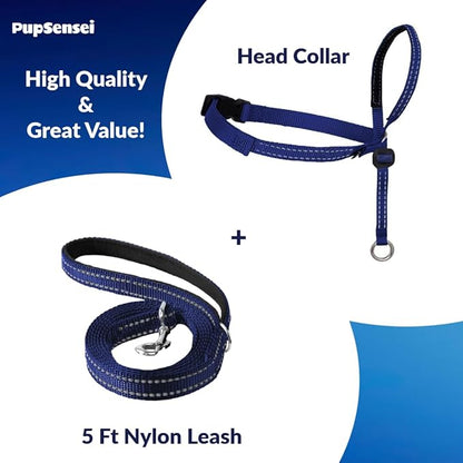 Headcollar for Dogs, Extra Soft Padded, Reflective, No Pull Dog Collar, Gentle Leader for Dogs with Durable Nylon Leash, Padded Handle - Navy Blue (Small)