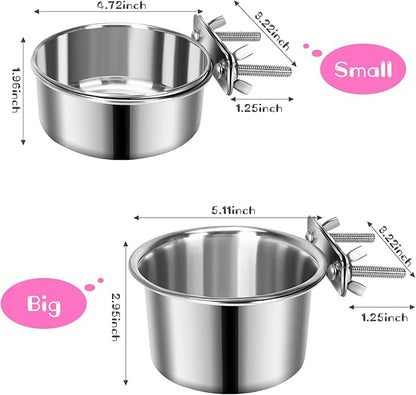 2 Pcs Small Pet Dog Food Water Bowl for Cage Stainless Steel Non-Spill Kennel Hanging Cats Pets Bowls with Clamp Holder Crate Feeder Dish for Small Dogs Pets (5.1x2.9'' & 4.7x1.9'')