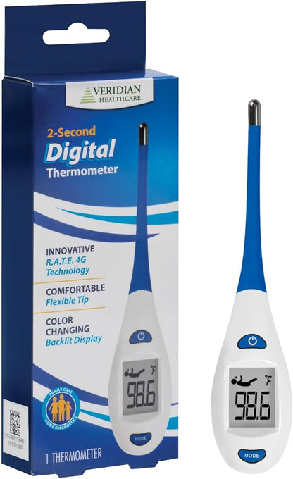 Veridian Healthcare Digital Thermometer | 2-Second Readout | Rate Rapid Read Technology| Flexible Tip | Hygienic Water-Resistant Easy Cleaning | Storage Case + Instructions Included