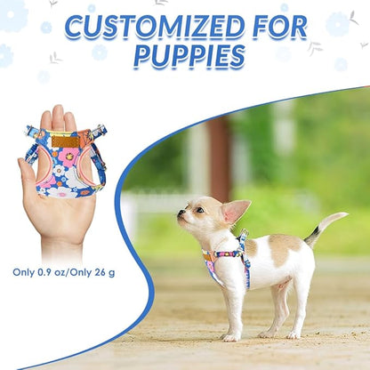 Lukovee Puppy Harness and Leash Set, No Pull Lightweight Soft Suede Adjustable Pet Harness Vest with Snap Buckle for Puppy Small and Medium Size Dog (Blue Flower, S)