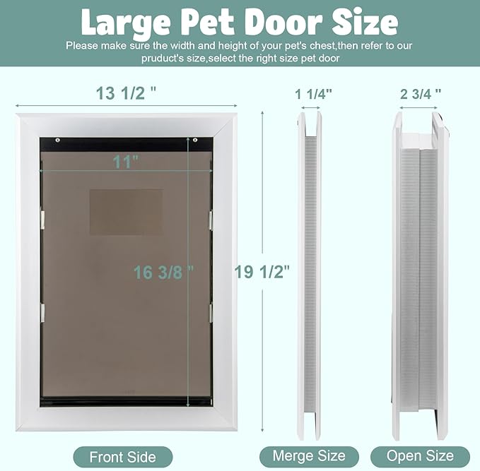 Durable Aluminum Doggy Door - Large, White, Easy to Install for Large Dogs & Pets (Adjustable Thickness, L)