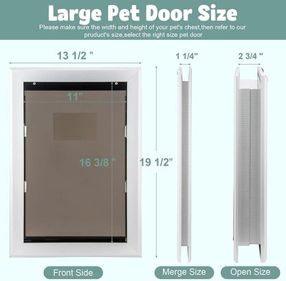 Durable Aluminum Doggy Door - Large, White, Easy to Install for Large Dogs & Pets (Adjustable Thickness, L)