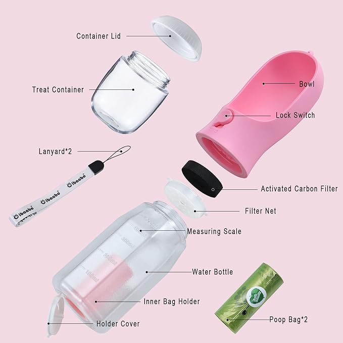 Cibaabo Dog Water Bottle with Food Container & Poop Bag Holder, Travel Water Bowl, Portable Pet Dispenser, Dog Gifts Stuff Accessories Items, Puppy Essentials for Yorkie Chihuahua Walking Hiking