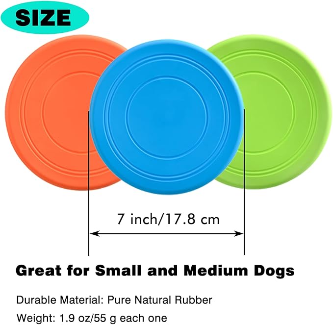XIGOU Dog Flying Disc, 3 Pack Dog Flyer Toys, Soft Rubber Interactive Lightweight Flying Disc Dog Toy for Small Large Dogs - Floats in Water & Safe on Teeth, 7 inch.