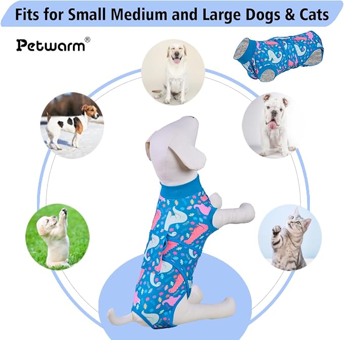 PetWarm Dog Recovery Suit After Surgery, Dog Bodysuit, Substitute E-Collar and Cone, Pet Surgery Recovery Suit, Female Male Dog Onesie for Spay Neuter, Dinosaur Pattern, Multi-Colored, 2XL