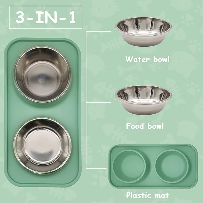 BNOSDM 2 Pcs Double Dog Food Bowls, Stainless Steel Small Dog Food and Water Bowls with Non-Spill Plastic Mat, Pet Cat Feeder Dish Set for Puppy Cats Kitten, Green