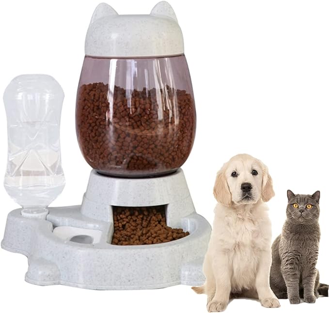 Automatic Cat & Dog Feeder Set - Self-Dispensing Food and Water Bottle Dispenser, Large Capacity (Grey)