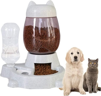Automatic Cat & Dog Feeder Set - Self-Dispensing Food and Water Bottle Dispenser, Large Capacity (Grey)