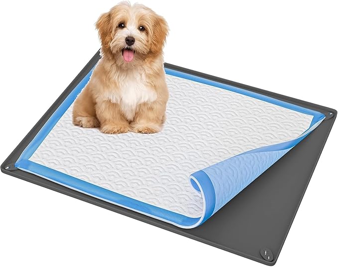 TidyFriend Puppy Pad Holder Tray Fits for 28” x 30” Pee Pads with Corner Lock Holes, Raised Edges, Non-Spill, Easy to Clean Silicone Puppy Potty Tray Holder, for Indoor Floor Protection (Grey)