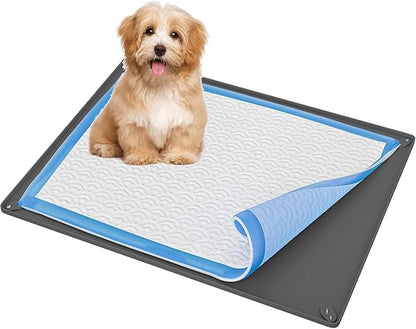 TidyFriend Puppy Pad Holder Tray Fits for 28” x 30” Pee Pads with Corner Lock Holes, Raised Edges, Non-Spill, Easy to Clean Silicone Puppy Potty Tray Holder, for Indoor Floor Protection (Grey)