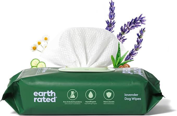 Earth Rated Dog Wipes, Hypoallergenic, 3-in-1 Cleaning and Hydrating, for Grooming Paws, Body and Butt, Lavender Scented, 100 Count