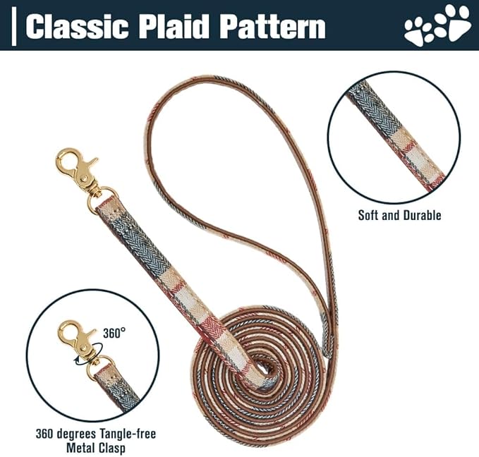 EXPAWLORER Dog Collar and Leash Set - Embroidery Pawprints Plaid With Bow Tie and Bandana, Adorable for Dogs Cats Outdoor Walking, Khaki M