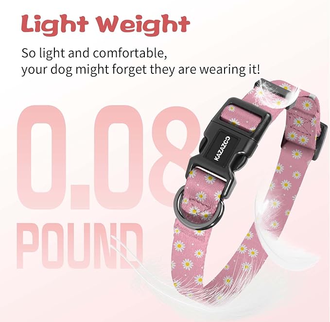 Kazazoo Dog Collar Cute and Soft Nylon Puppy Collar Girl, Adjustable Dog Collars for Small Medium Dogs, Pink Daisy-M