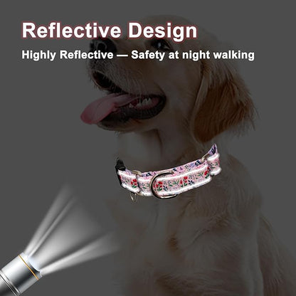 Reflective Martingale Collar with Quick Release Buckle Anti Pulling Girl Female Dog Collars (Pink Flowers Plants, Small)