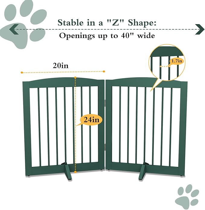 PUPETPO Freestanding Pet Gate for Dogs, Foldable Wooden Dog Gate for House, Stairs, Doorways, Step Over Pet Puppy Safety Fence,Support Feet Included,24" Height 2 Panels, Green
