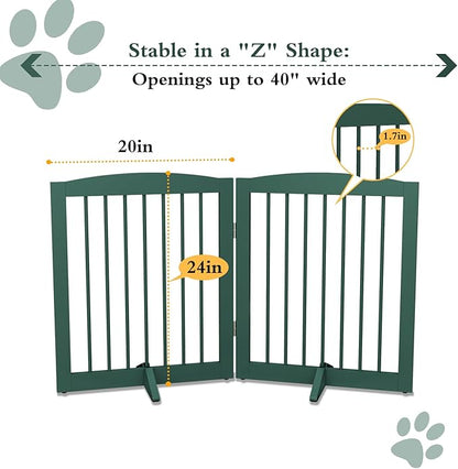 PUPETPO Freestanding Pet Gate for Dogs, Foldable Wooden Dog Gate for House, Stairs, Doorways, Step Over Pet Puppy Safety Fence,Support Feet Included,24" Height 2 Panels, Green