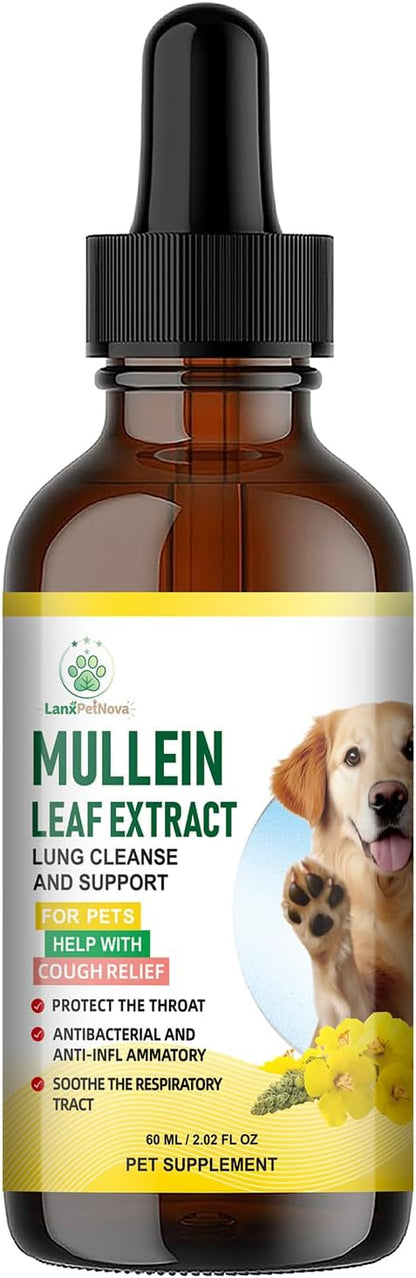 Mullein Lung Support Drops for Dogs & Cats, Relieves Kennel & Dry & Wet Cough, Lung Cleanse, Soothes Sore Throat, Eases Breathing - Pure Plant Extract, Hormone & Chemical Free, with Chlorophyll