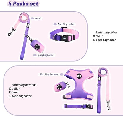 Dog Harness Collar Leash Combo,No Pull Adjustable Vest Cute for Small Puppy Medium Girl/Boy Pets with Poop Bag Holder(XSmall,Purple)
