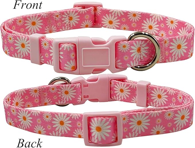 Dog Collar Leash Set, Floral Pattern, Polyester Material, Adjustable Collar and 5ft Matchcing Leash, for Small Dogs.(S, Light Pink Daisy)
