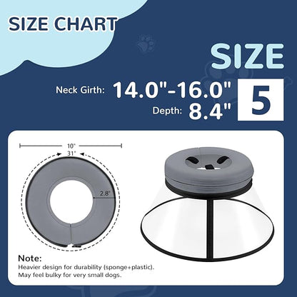 Sponge Core Dog Cone, Inflatable Dog Cone Collar Alternative, Dogs Donut Collar After Surgery, Soft Cone for Large Medium Small Dogs to Stop Licking, No Inflation Required, Clear View(Size 5, Gray)