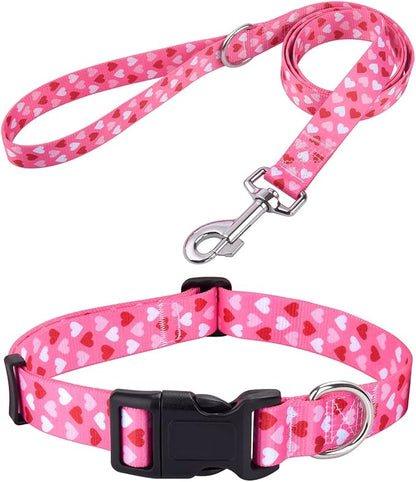 Mihqy Dog Collar and Leash Set - Adjustable Heart Dog Collar - Love Theme - Perfect for Small Medium Large Dogs(Pink Heart Set,S)