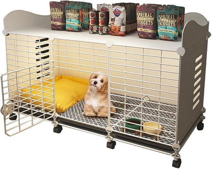 Dog Crate Furniture | 43" XL Dog Cage Furniture | Puppy Crate House with Wheels Tray & Drawer Storage | Metal Indoor Fencing Kennel House | Lockable Dogs Play Pen Cage for Medium Large Dogs