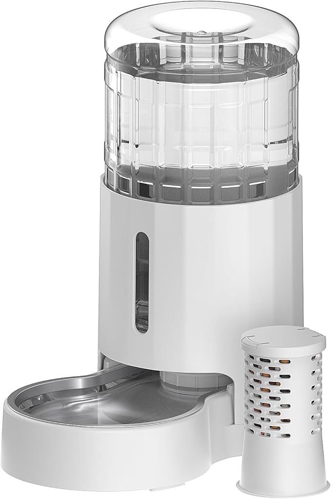CZPET Automatic 4L Filter Dog and Cat Water Dispenser with Stainless Steel Bowl Gravity Waterer,Large Capacity and Drinking Area Noise-Free for Pets(White)