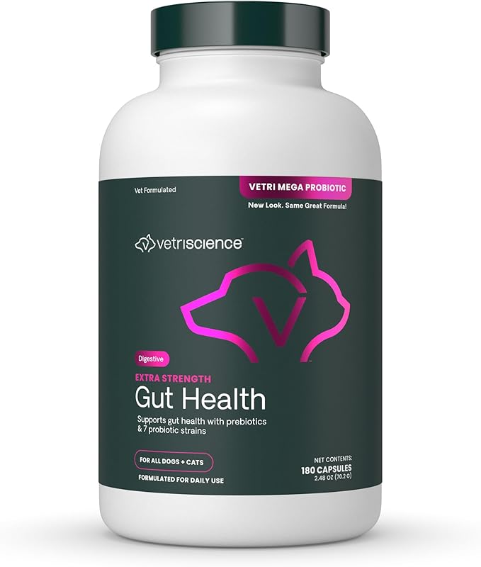 VetriScience Extra Strength Gut Health Probiotic & Prebiotic Digestive Supplements for Dogs & Cats, Gas & Diarrhea & Immune Support, Easy-Open Capsules, 180 Count - New Look
