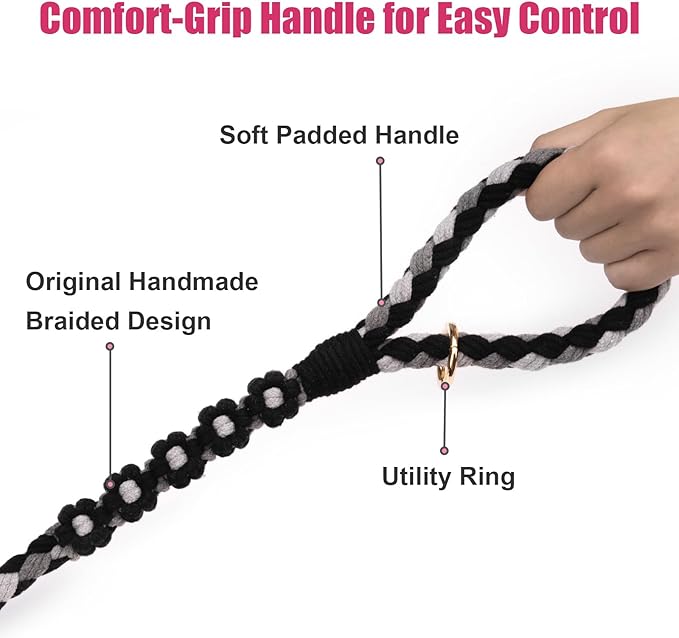 Handmade 5ft Braided Cotton Dog Leash with Unique Floral Handle, Durable and Stylish, Ideal for Small to Large Dogs, Black