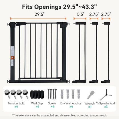 COMOMY 30" Tall Baby Gate for Stairs Doorways, Fits Openings 29.5" to 43.3" Wide, Auto Close Extra Wide Dog Gate for House, Pressure Mounted Easy Walk Through Pet Gate with Door, Black