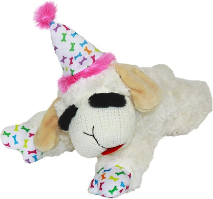 Multipet Lamb Chop Dog Plush Toy w/Birthday Hat - Squeaky Toy for All Dogs - Soft Plush - Stuffed Animal Dog Toys for Playing - Cute Birthday Toy (10.5”, Pink Hat, 5 Squeakers)