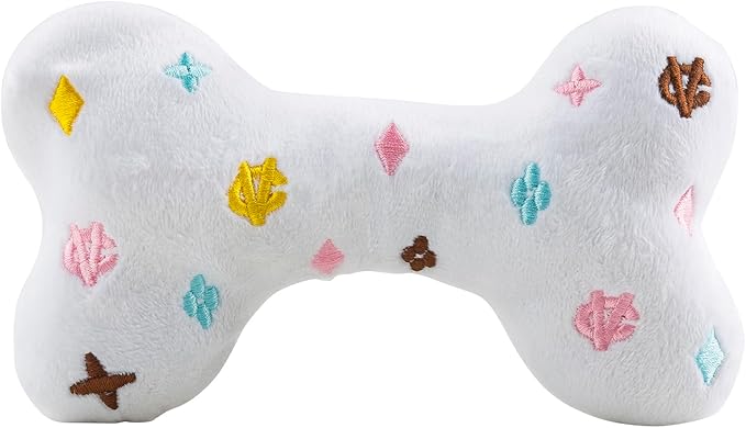 Haute Diggity Dog Chewy Vuiton Bone Plush Squeaky Dog Toy, Soft Durable Designer-Inspired Stuffed Puppy Chew Toys for Small & Medium Dogs, Machine-Washable (White) Large
