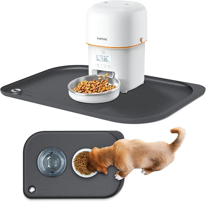 Silicone Pet Feeding Mat with Metal Ring, Waterproof, 23x15 in, Pet Feeding Mats, Raised Edges to Prevent Spills, Dogs and Cats Placement Tray to Stop Food and Water Bowl Messes (Gray, 23x15 in)