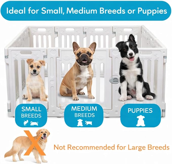 BIRDROCK HOME Dog Playpen w/Door, 16 Panel, 25.6in H | Strong Plastic, Non-Slip Puppy Playpen, Secure Pet Gate | Indoor Outdoor Fence | Configurable Panels | Medium to Large Pets - White