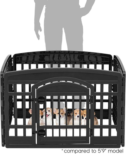 IRIS USA Dog Playpen with Door, 24” 4 Panel Pet Exercise Pen – Indoor Outdoor Puppy Play Pen, Portable Plastic Pet Fence for Small Medium Dogs, Foldable 35” x 35” x 24”, Black