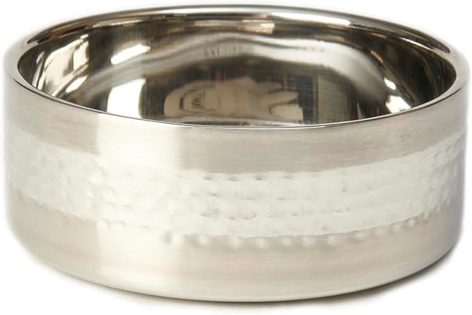 PetRageous 18435 Sanibel Stainless-Steel Hammered Double Walled Dog Bowl 5.9-Inch Width and 2.44-Inch Height 3-Cups Capacity, Metallic