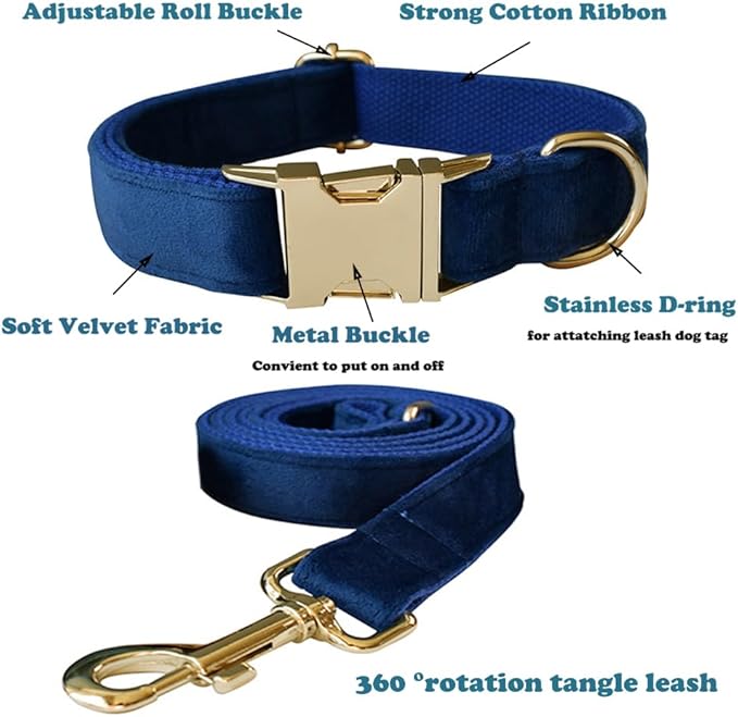Love Dream Velvet Dog Collar and Leash Set, Soft & Comfy Adjustable Dog Leash and Collar with Heavy Duty Metal Buckle for Small Medium Large Dogs Training & Walking (Medium, Royal Blue)