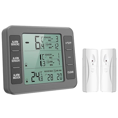 KeeKit Refrigerator Thermometer, Indoor Outdoor Thermometer with 2 Sensors, Wireless Digital Freezer Thermometer with Audible Alarm Temperature Gauge, Min/Max Record for Home, Kitchen – Grey