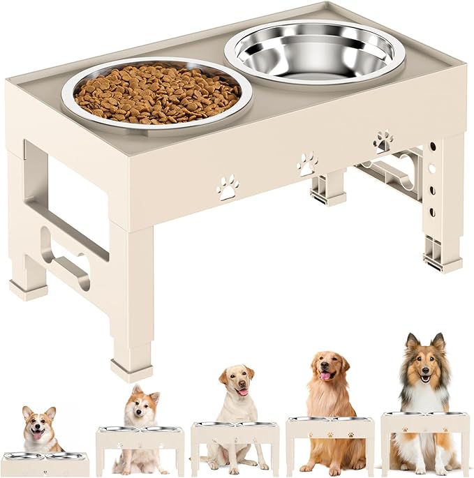 Elevated Dog Bowls with 2 Stainless Steel Bowls, 5-Height Adjustable Stand (3.1", 9" to 12"), for Improved Digestion & Neck Support, Easy Clean, Non-Slip Base Raised Feeder for Medium Large Dogs