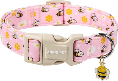 ARING PET Spring Summer Dog Collar, Cute Pink Bee Daisy Floral Pet Collars with Quick Release Buckle for Puppy Small Medium Large Boy Girl Dogs-S